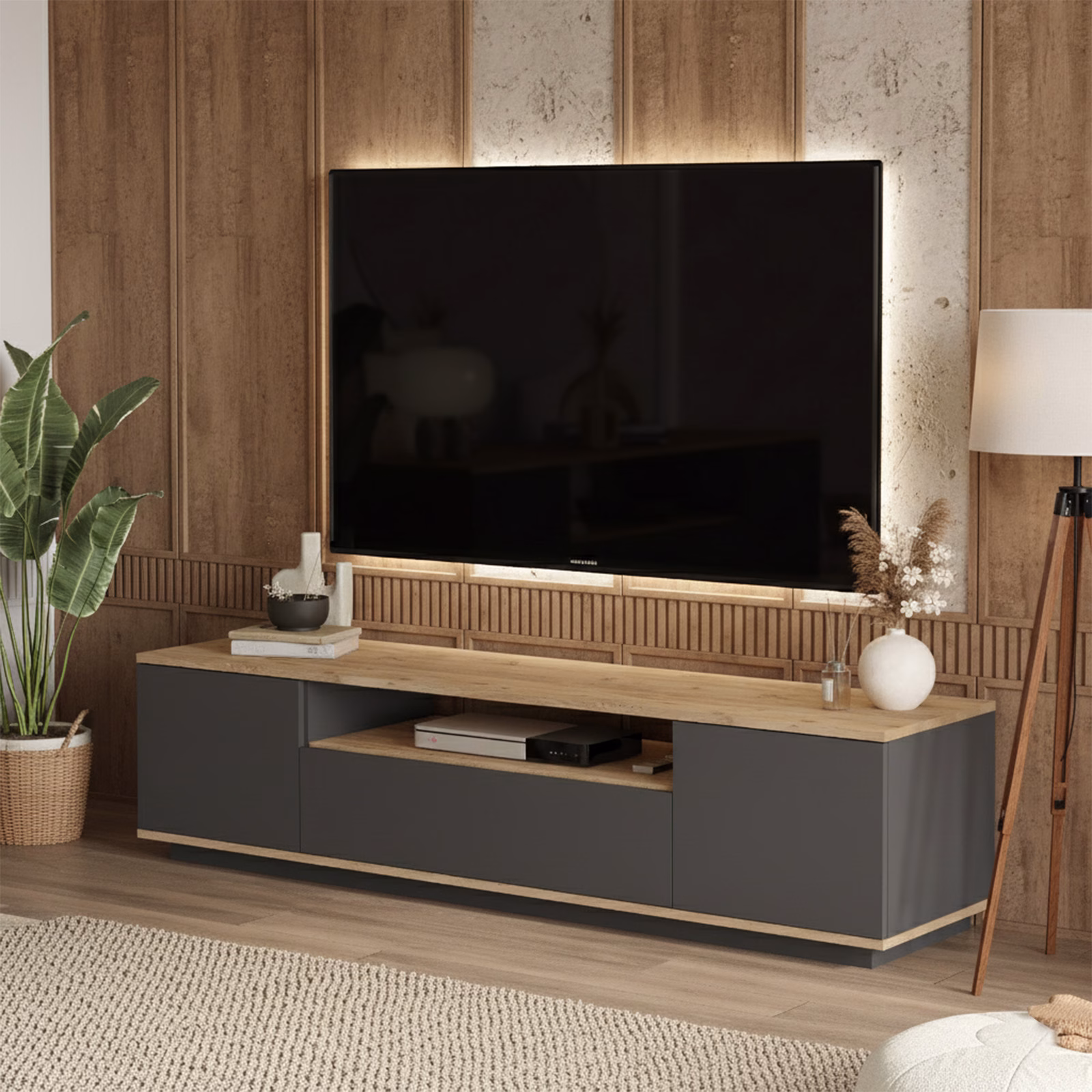 Aven Tv Ünitesi Tv Sehpası Kapaklı 180cm Çam-Antrasit AVE7-AA