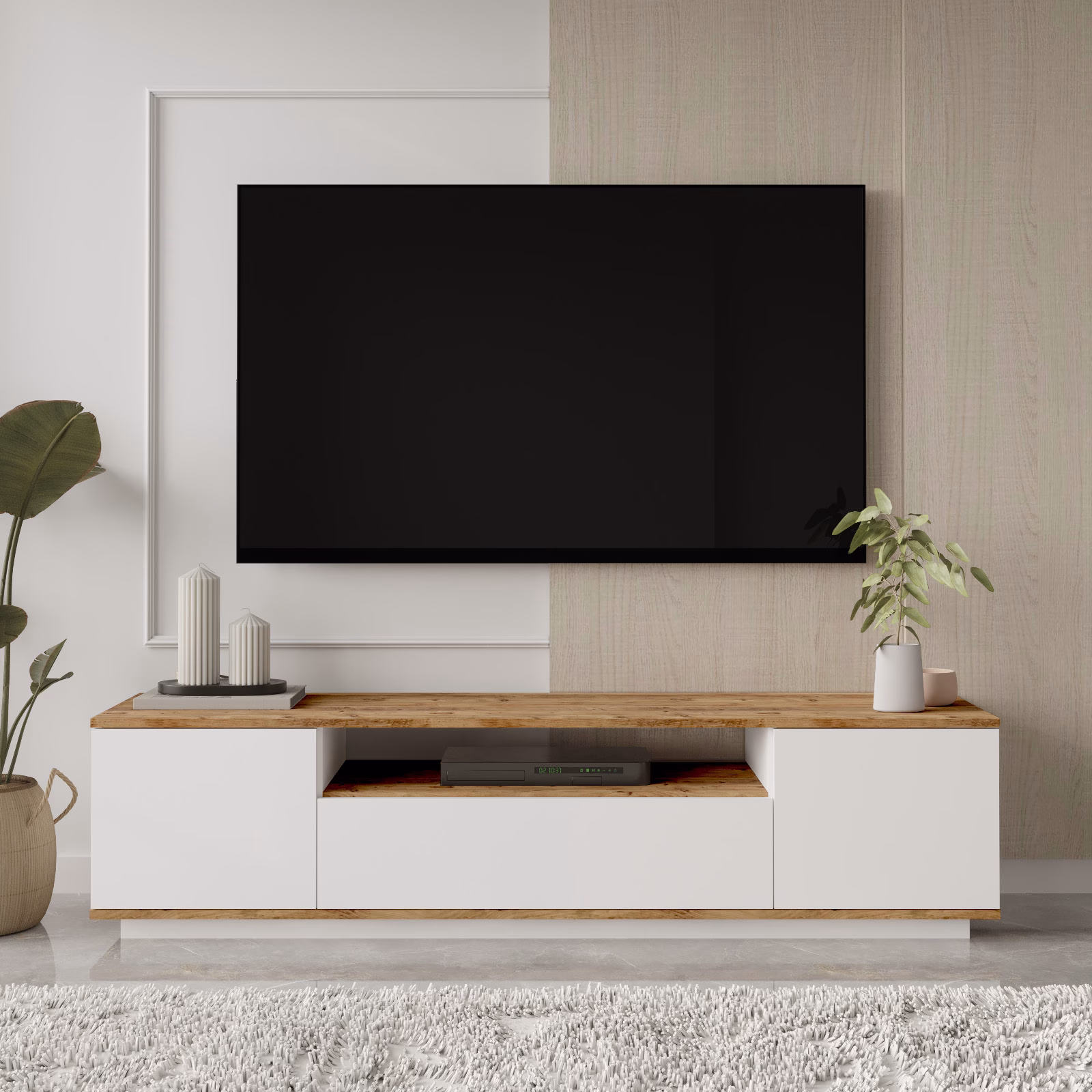 Aven Tv Ünitesi Tv Sehpası Kapaklı 180cm Çam-Beyaz AVE7-AW