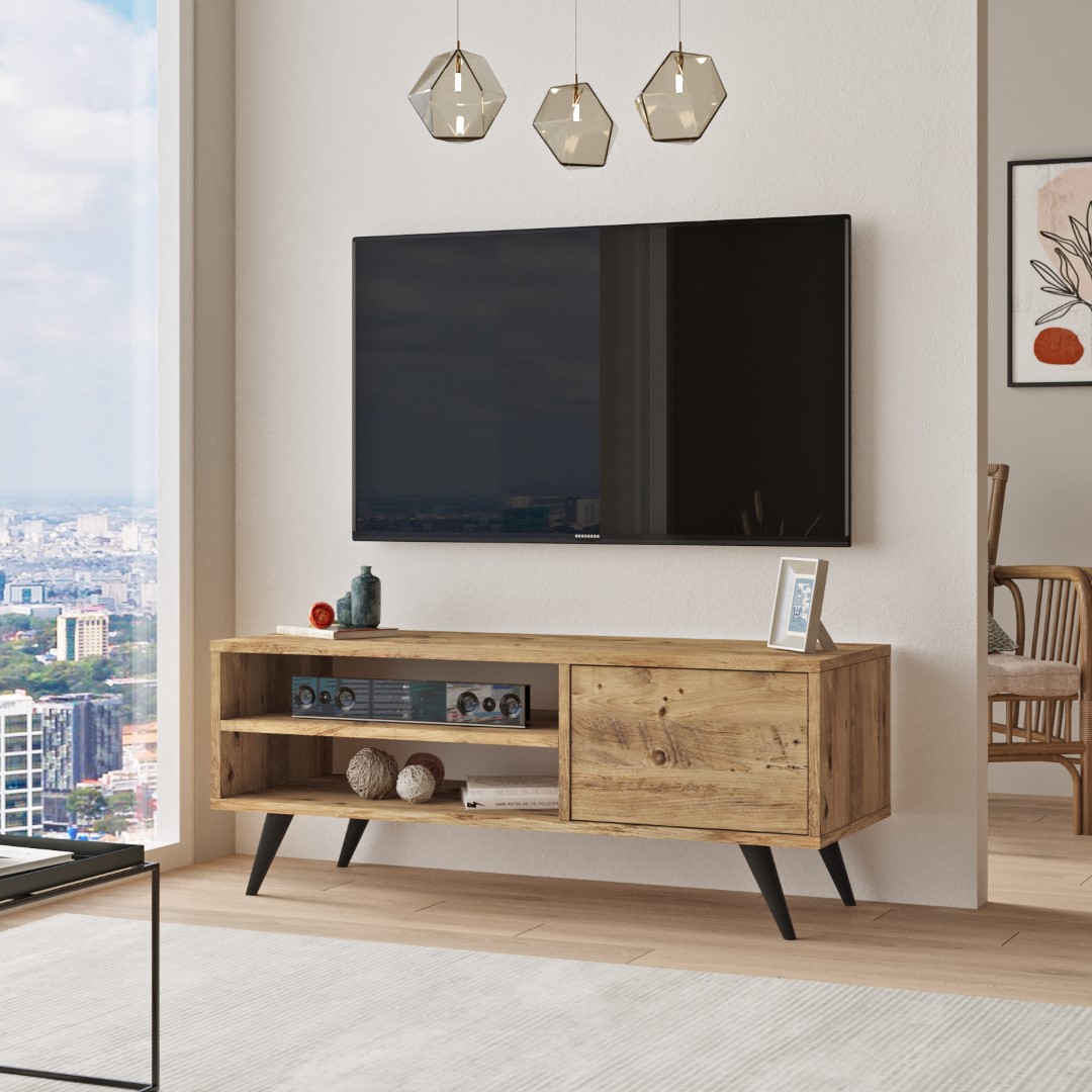 Luton Tv Ünitesi 110cm Tv Sehpası Ahşap Ayaklı Çam LUT1-A