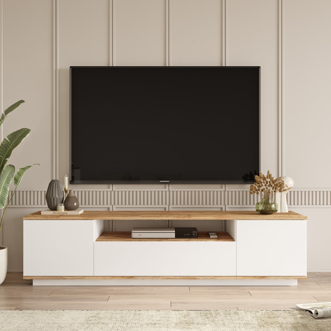 Aven Tv Ünitesi Tv Sehpası Kapaklı 180cm Çam-Beyaz AVE7-AW