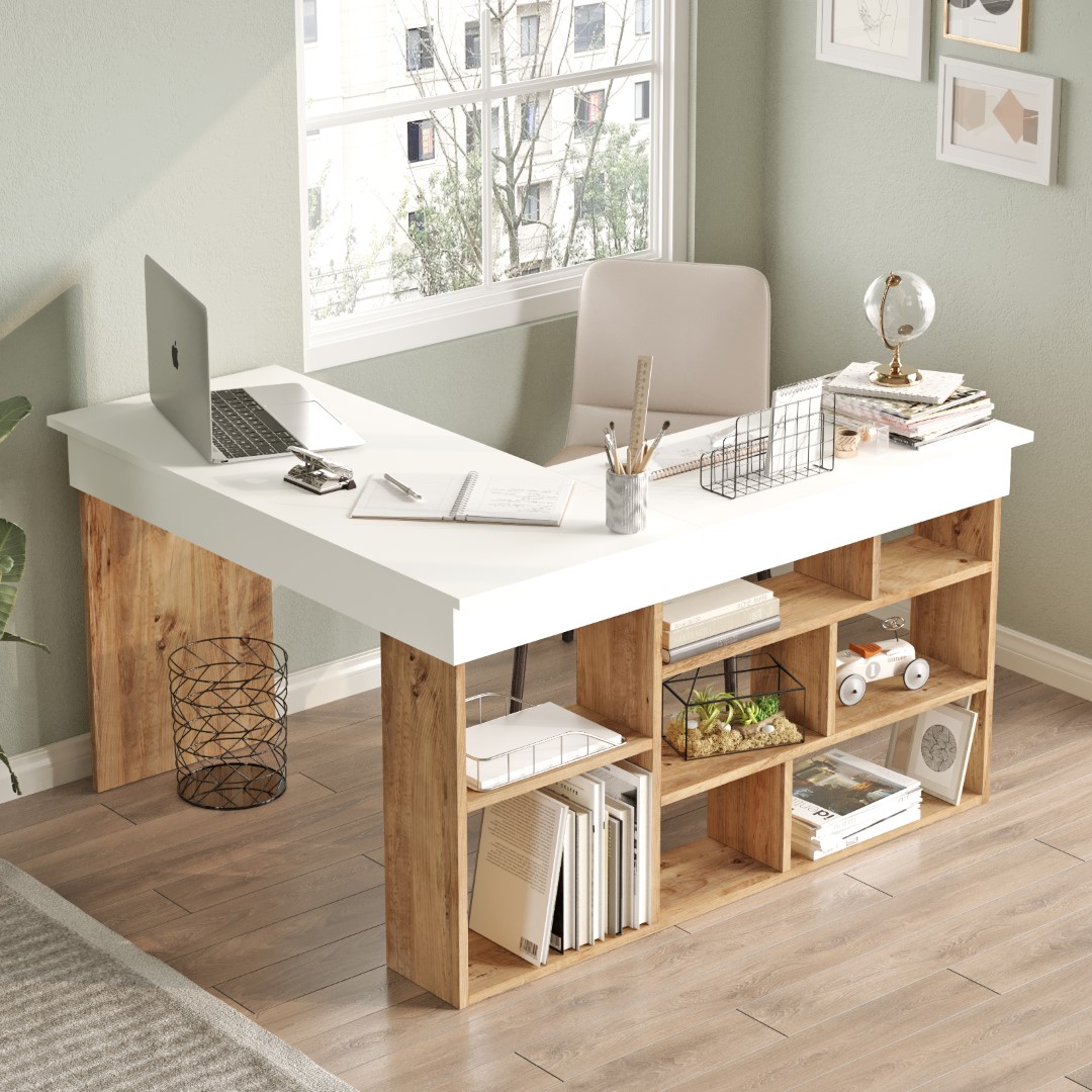 Corner Kitaplık Raflı Çalışma Masası Çam-Beyaz COR5-AW