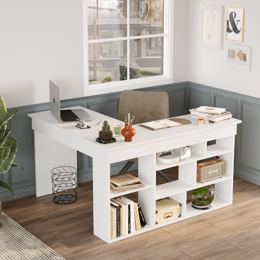 Corner Kitaplık Raflı Çalışma Masası Beyaz COR5-W
